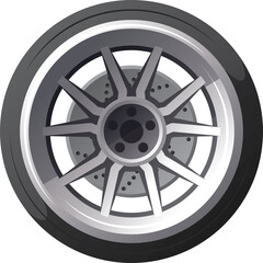 Obraz premium Silver Alloy Car Wheel with Black Tire and Disc Brake Visible on Transparent Background