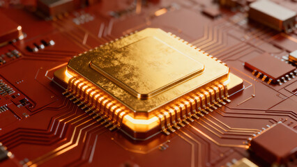 Golden Glowing Chip on Circuit Board High-Tech Device