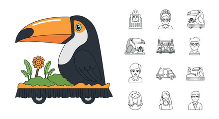 Obraz premium Toco toucan on a car with people icons