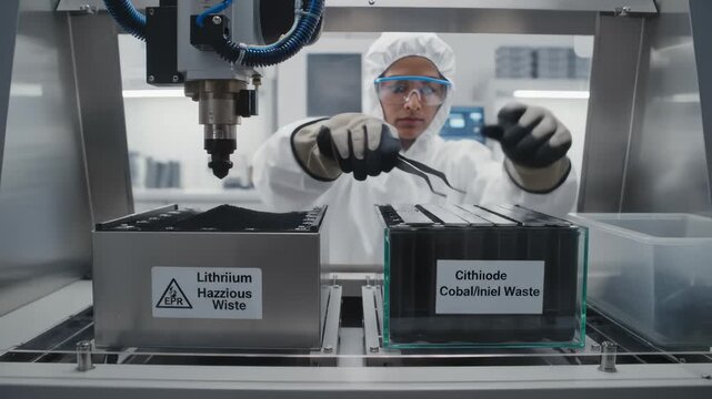Worker Sorts Lithium Hazardous Waste With Robotic Arm in Lab