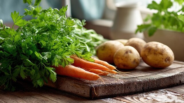lovage. Fresh lovage herb arranged with carrots and potatoes on a wooden cutting board. menu design, packaging mockups, designed for food delivery and cloud-kitchen brand materials.
