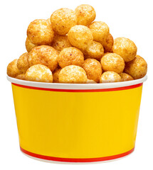 Puffed cheese balls in a paper bucket on a white background, cheese balls or cheesy puffs isolated on white with clipping path, coated in a variety of flavors such as barbecue or spicy sauce PNG file