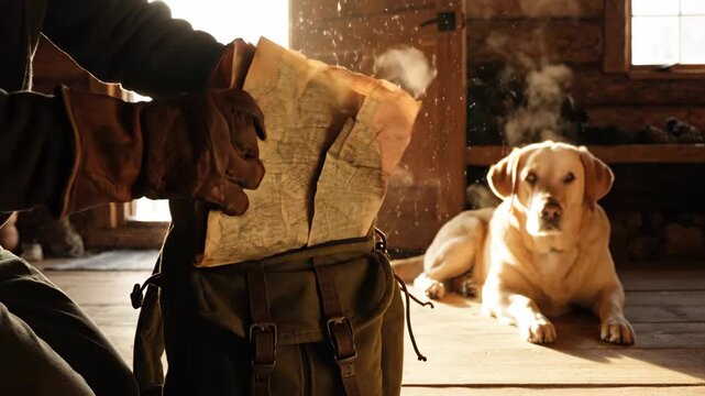 Hunter preparing backpack with dog by sunny window. Man puts thermos and map into bag for outdoor adventure with labrador, footage.