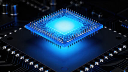 Blue Glowing Chip on Circuit Board Tech Device