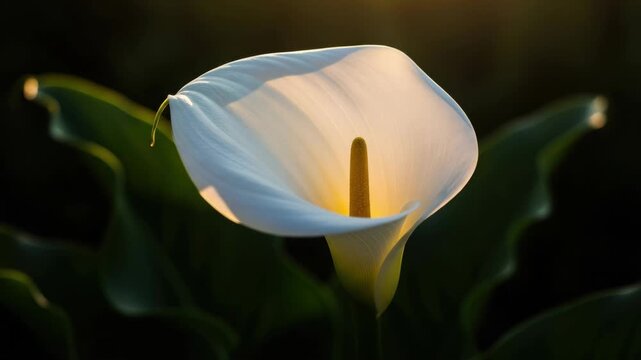 White calla lily flower glows with warm golden light. Delicate petals reveal its natural beauty and elegant form. Ideal for themes of purity, growth, and sophisticated floral design