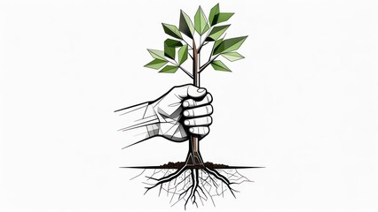 Hand firmly grasping a young tree with visible roots against a white background