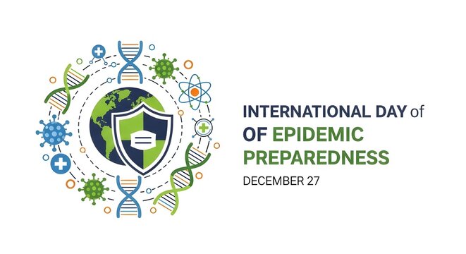 World epidemic awareness concept with DNA, virus, and earth shield for global health initiatives and pandemic preparedness for December 27th