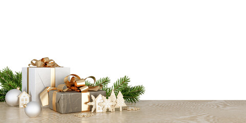 christmas gift box with decorations on table isolated o white