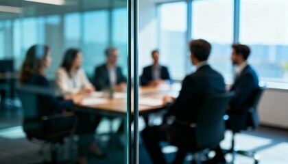Blurred Business Meeting Behind Glass Partition - For corporate backgrounds and confidentiality themes