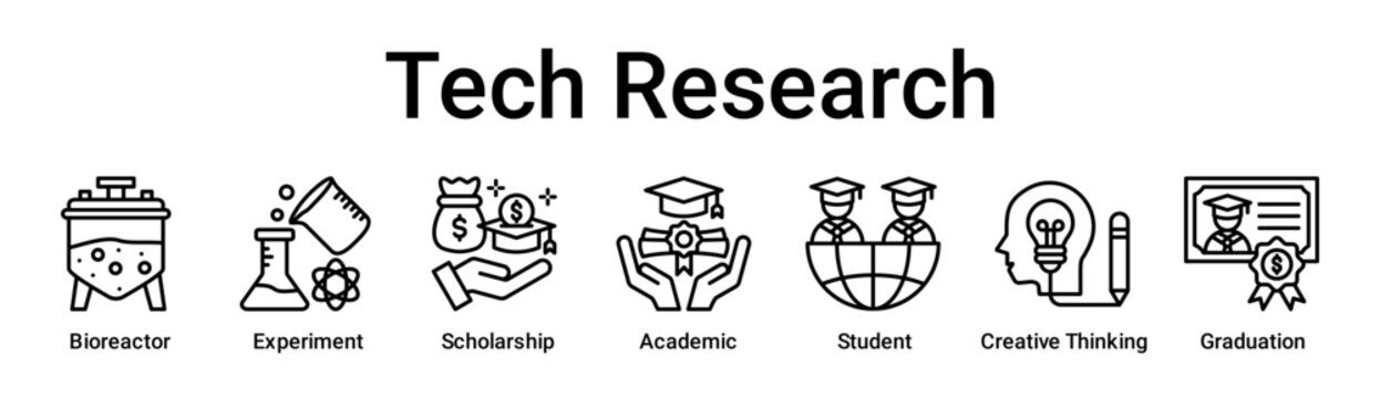 Tech Research banner web icon vector illustration concept for education with icon of Bioreactor, Experiment, Scholarship, Academic, Student, Creative Thinking.