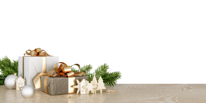 christmas gift box with decorations on table isolated o white