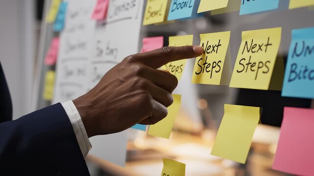 Businessman Pointing at Next Steps on a Sticky Notes Board