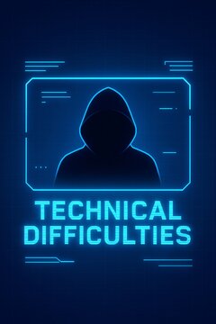 Cybersecurity alert with a hooded hacker silhouette and a technical difficulties message