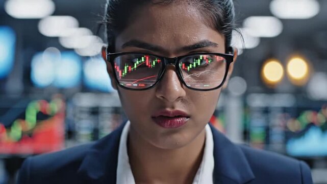 Focused analyst reviewing stock market charts with reflections of fluctuating financial data in a busy trading office background  

