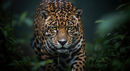 Obraz premium Majestic jaguar with piercing green eyes emerges from the dense, rain-soaked jungle, its powerful presence and stunning spotted coat captured in a captivating close-up.