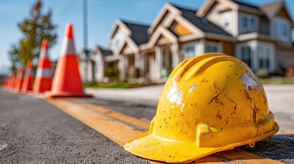 A yellow hard hat sits on the yellow lines painted on asphalt with traffic cones and homes in the background on a sunny day, and blue sky.