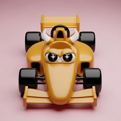 Playful orange cartoon race car with devil horns and sparkling eyes