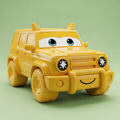 Joyful yellow toy SUV with big cartoon eyes and happy smile ready for adventure