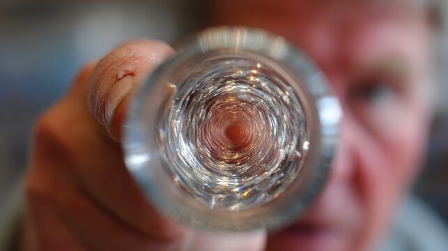 A unique perspective from within a glass, revealing a distorted, tunnel-like view held by a human hand, blending abstraction and reality.