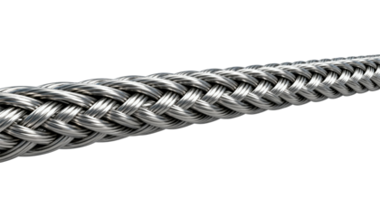 Close up of a braided metallic cable on a black background wire isolated on a transparent background
