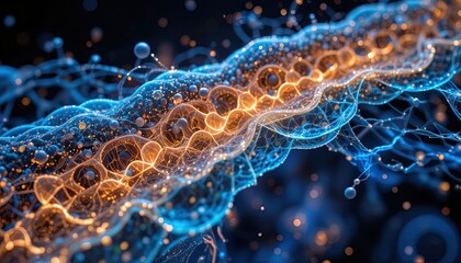 Dynamic neural network visualization with vibrant blue and gold accents - a modern technology concept for innovation and scientific discovery