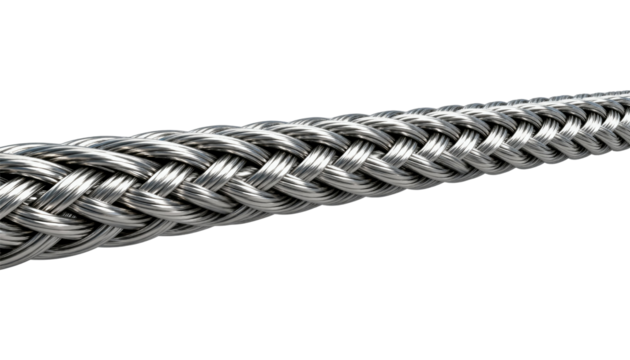Close up of a braided metallic cable on a black background wire isolated on a transparent background