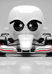 Playful cartoon formula 1 car with starry eyes and tongue out ready to race