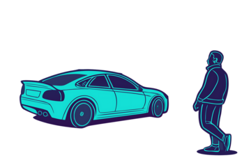 Man Standing Near a Stylized Car on a Background automobile vehicle isolated on a transparent background