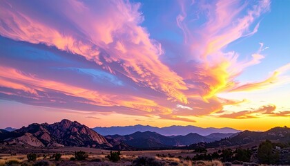 A breathtaking sunset paints the sky with fiery hues of pink, orange, and yellow, casting a warm glow over distant mountains and a dry, arid landscape.