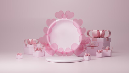 Pink podium display background products for valentine’s day in love platform. Valentine's day minimal scene for products showcase, Promotional display. Symbols of love for happy.  3d rendering