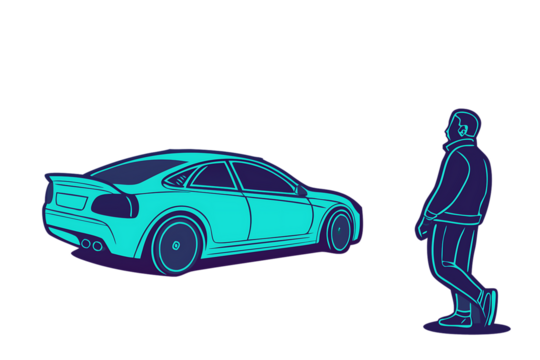 Man Standing Near a Stylized Car on a Background automobile vehicle isolated on a transparent background