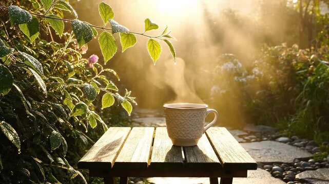 steady cinematic 8K shot of a peaceful garden patio at sunrise, soft golden light filtering through leaves, tiny dew droplets shimmering on plants, camera locked-off (no movement), minimal ambient