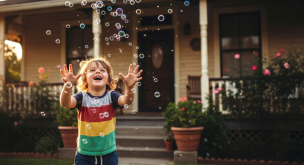Happy Child Catching Soap Bubbles in Front of House