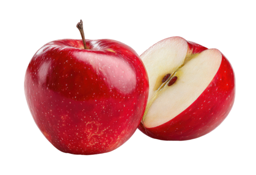 Vibrant red apple, whole and sliced, revealing juicy interior