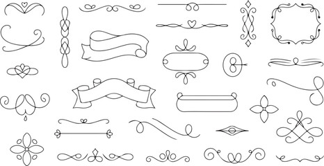 Various handdrawn banners, floral frames, and ornamental flourish elements offer diverse decorations on transparent backdrop