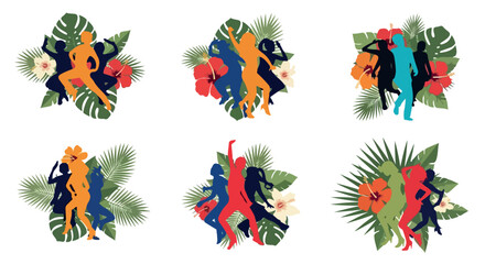 Tropical dancers silhouettes with lush foliage