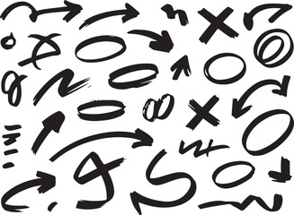 Dynamic hand drawn arrows, circles, and crosses collection