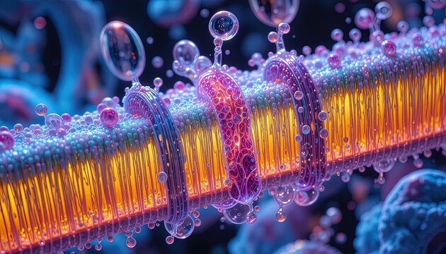 Explore the mesmerizing world of cellular biology, a captivating close-up of complex molecular structures with vibrant colors and dynamic lighting for impact