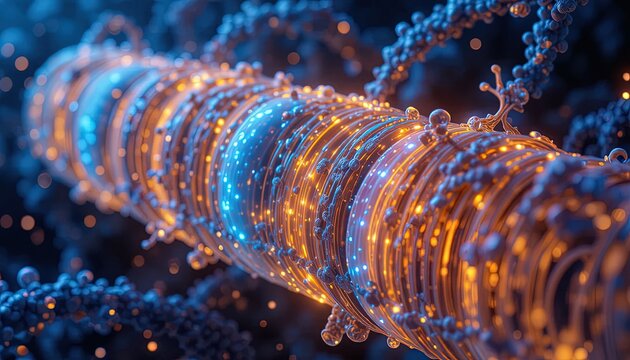 Explore cutting-edge science with this innovative, glowing DNA strand, perfect for biotech, research, or modern medicine presentations and digital marketing campaigns