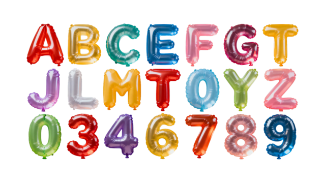 Alphabet Letter and Number Balloons in Various Colors graphic design isolated on a transparent background - Powered by Adobe