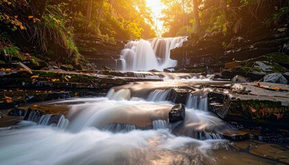 A beautiful waterfall flows over layered rocks in a forest setting, illuminated by warm sunlight.