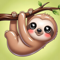 Sloth clinging to tree branch with sparkling eyes