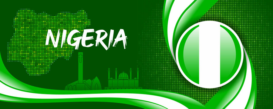 Nigeria Flag with Map and Famous Landmarks in Green and White Abstract Background - Powered by Adobe