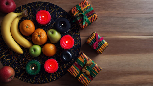 Colorful candles and fruits decorate a Kwanzaa table Generative AI - Powered by Adobe