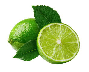 Vibrant green limes, one whole and one halved, with leaves