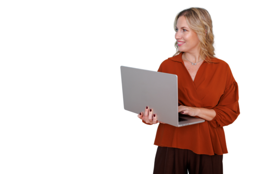 Woman using laptop and smiling, working remotely with modern technology, looking away, transparent background - Powered by Adobe