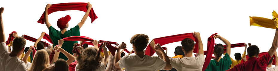Creative collage of excited crowd raising scarves in stadium atmosphere on transparent background. Concept of energetic fan support for sports, events, promotions, community spirit. © master1305