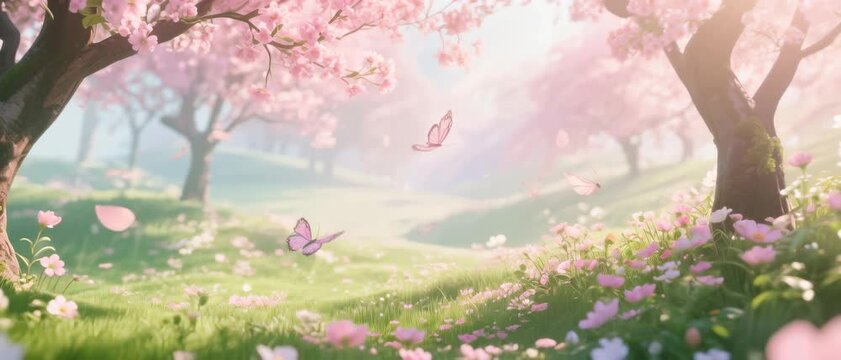 Fluttering Butterflies, Cherry Blossom Haven, Serene Valley Meadow, Dreamlike Render, Misty Springtime Glow, Wide-Angle Vista, Ethereal Fantasy Paradise