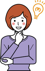 正面向き。あごに手をあて、ひらめき顔のカットソーの若い女性。