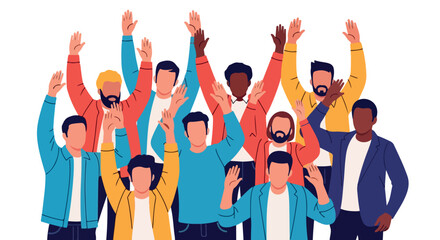 Diverse group of people raising hands in celebration